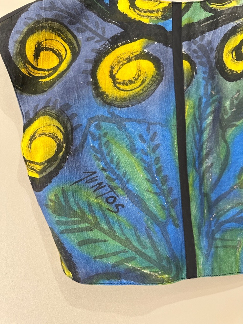 V-neck Juntos Hand-Painted Abstract Crop Top Yellow Cerulean Blue Forest Green - Picture 7 of 10